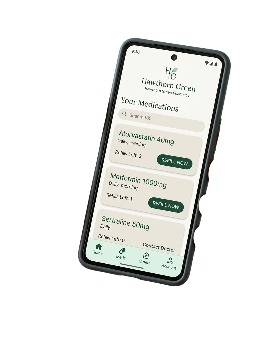 The Hawthorn app showing prescription status, orders and messages